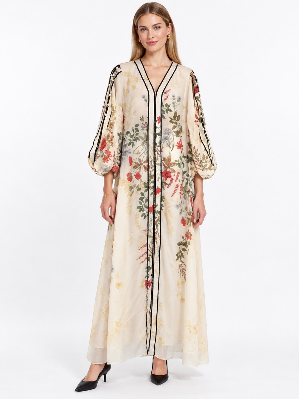 Sowears Large Cream Floral Maxi Dress Black Trim Modest Cottagecore